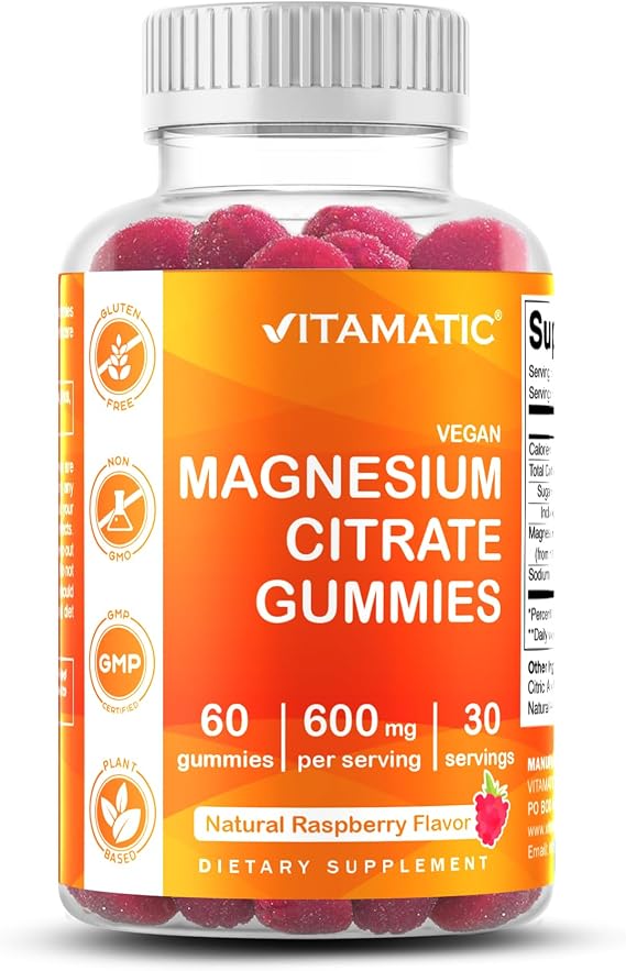 Vitamatic Magnesium Gummies 600mg per Serving 60 Vegan Count for Relaxation, Muscle, Bone, and Energy Support