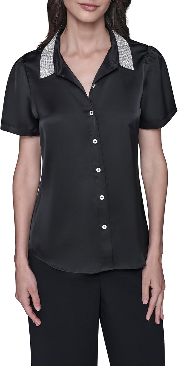 Karl Lagerfeld Women's Short Sleeve Collared Neck Crystal Collar Elevated Button Down
