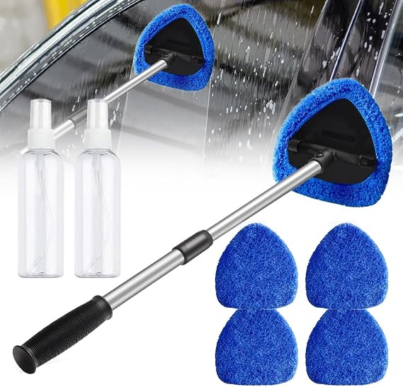 Car Windshield Cleaning Tool Set, 2026 Upgraded Interior Exterior Auto Glass Cleaner Kit with Detachable Handle, 4 Reusable Microfiber Pads, Extendable Wiper Brush (Blue)