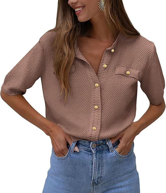 PRETTYGARDEN Women's Summer Casual Button Down Shirts | Cozy Knit, Short Sleeve Crewneck, Lightweight Sweaters Cardigan, Dressy Blouse Tops, Going Out Outfits, Business Work Clothes