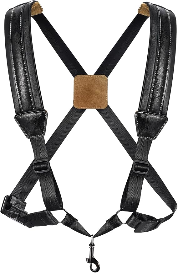 POGOLAB Saxophone Harness, Double Shoulder Adjustable Sax Strap with Soft Leather Padded, Widened & Thickened Design, Good Comfort, Reduce Neck Stress, for Alto/Tenor/Baritone/Soprano Saxophone