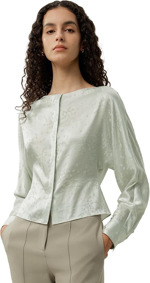 LilySilk Women Silk Shirt Ladies Jacquard Blouse Boat Neckline Soft Concealed Button Elegance