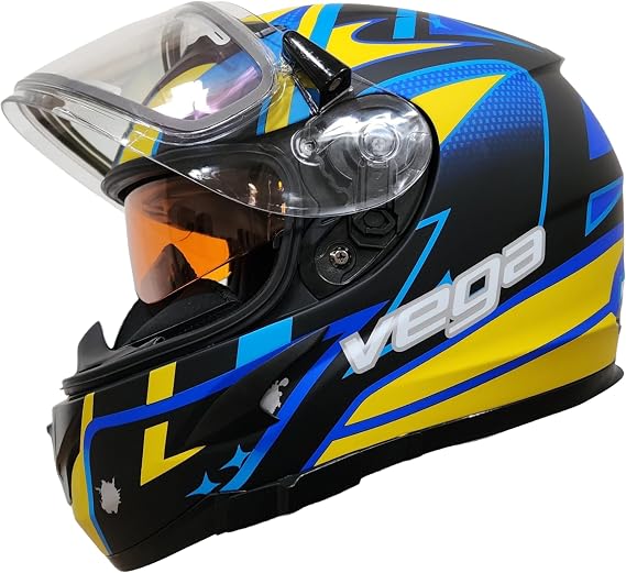 Vega V-Star Snowmobile Helmet with Electric Heated Shield & Amber dropdown shield, Blue Evoluition, Small