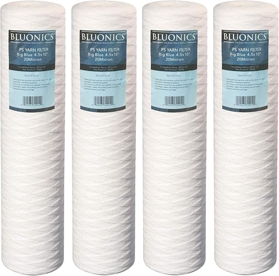 Bluonics 4-pack 4.5" x 20" String-wound Yarn Sediment (20 Micron) Whole House Cartridges for Rust, Iron, Sand, Dirt, Sediment (4)