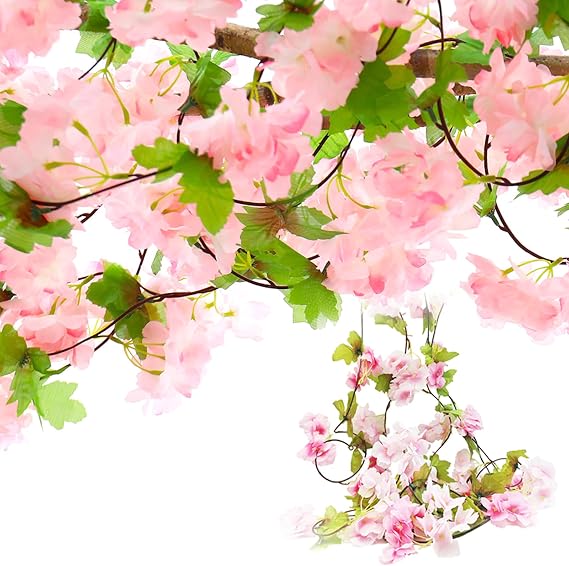 2 PCS 230cm Artificial Silk Cherry Blossom Garland Vines Hanging Vine Garland Artificial Flowers for Outdoor Indoor Wedding Wall Badroom Decoration, Pink Wall Vines