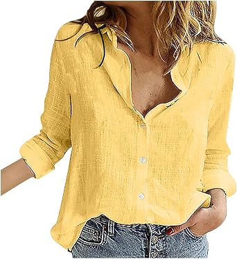 Top for Women Elegant Button Down Long Sleeve Cotton Linen T-Shirts Casual V Neck Solid Color Tees Loose Fit Blouses
