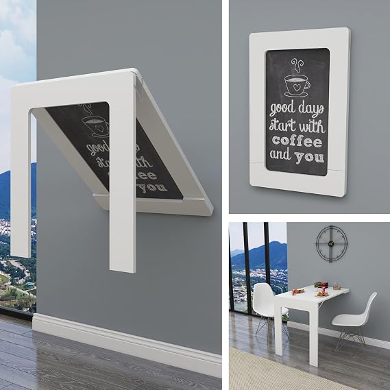 60x90 cm Oval Köşeli Çerçeveli Masa Duvara Monte Kırma Katlanır Masa (Mat Beyaz)