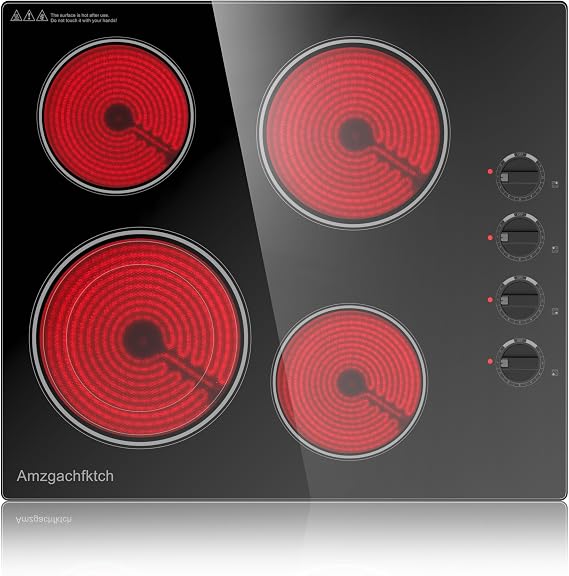 24" Built-In 4 Burner Electric Cooktop, Dual-Ring Burners, 6700W Radiant Stove Top with Knob Control, Residual Heat Indicator & Auto Shut Off, 220-240v Hardwire(No Plug)