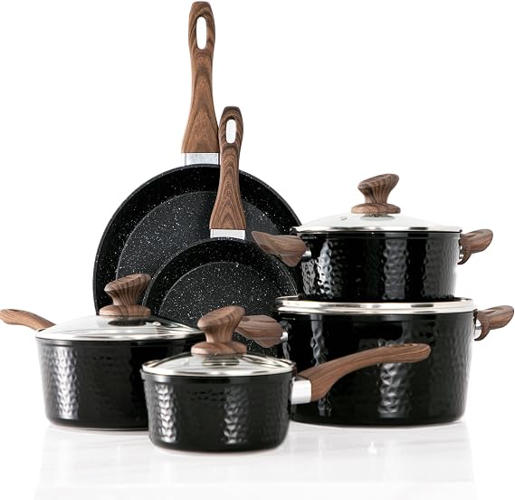 Induction Kitchen Cookware Sets - Hammered Granite Cooking Pan Set Nonstick Pots and Pans Set