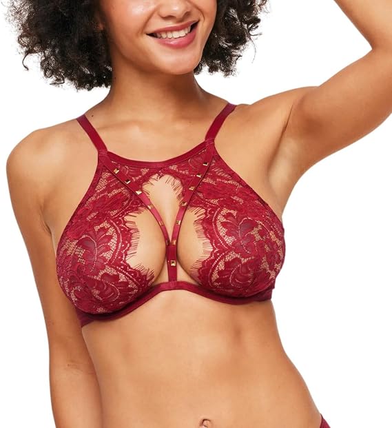 Adore Me Emmeline Unlined Underwire Bra - 30A-38DD High-Neck Lace Bra for Women with Stud Detail & Adjustable Straps