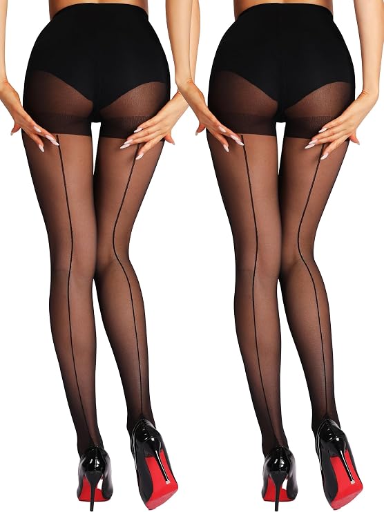 Backseam Sheer Tights for Women 2 Pairs High Waist Patterned Cuban Heel Pantyhose With Control Top