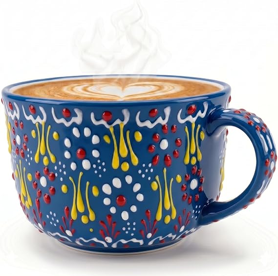 BCS 17 oz Ceramic Coffee Mug, Hand-Painted Floral Tea Cup with Handle