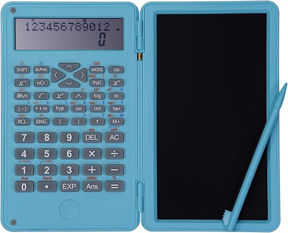 Scientific Calculator with Erasable LCD Writing Tablet, 2-Line Digits Display Handheld Pocket Size Portable Calculadoras for School Office Home Work, Blue