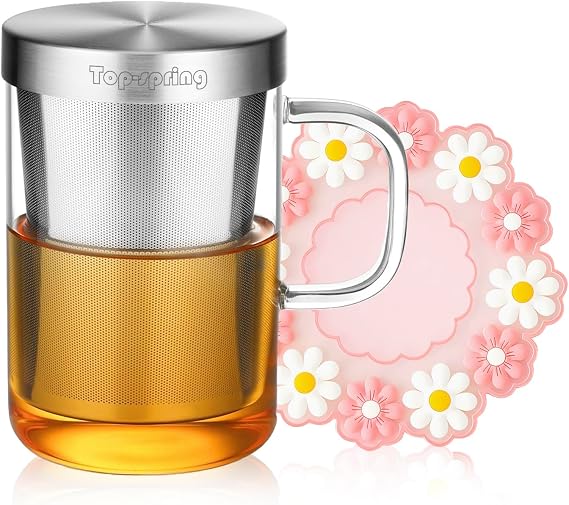 Top-spring Glass Tea Mug with Stainless Steel Infuser and Lid, Glass Tea Cup Teacup 450mL
