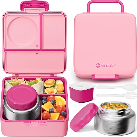 Fimibuke Bento Box for Kids Adult, BPA Free & Leakproof Toddler Lunch Box with 8.5oz Insulated Thermo Food Jar, Utensils & Sauce Jar, Dishwasher Safe 3 or 4 Compartment Container for School Girls Boys