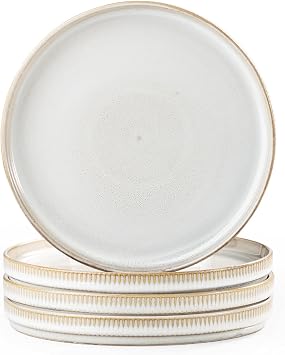 Dinner Plates Ceramic Set 4 Piece 9.8 Inch Plates with Raised Rim, Microwave & Dishwasher Safe, Beige Tableware