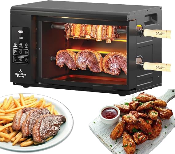 Electric Rotisserie Oven Brazilian Flame VOLTA | Vertical Countertop Grill with Auto-Rotating Skewers Shawarma Grill Machine Meat Kebab | Indoor Adjustable Temperature | 8lb Capacity | World Cup Grill