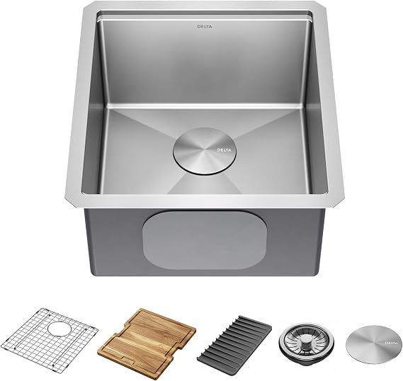 DELTA FAUCET Lorelai 17-inch Workstation Bar Prep Kitchen Sink Undermount 16 Gauge Stainless Steel Single Bowl with WorkFlow Ledge and Kit of 5 Accessories, 95B9032-17S-SS