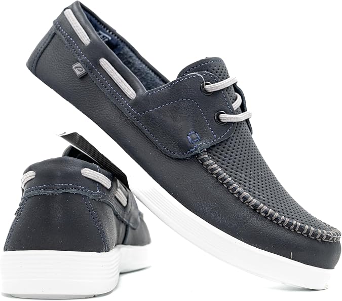 PEGADA Men's Genuine Leather Casual Boat Shoes, Brown Perforated Loafers with Memory Foam, Slip-On Comfort Driving Moccasins, Model 142302