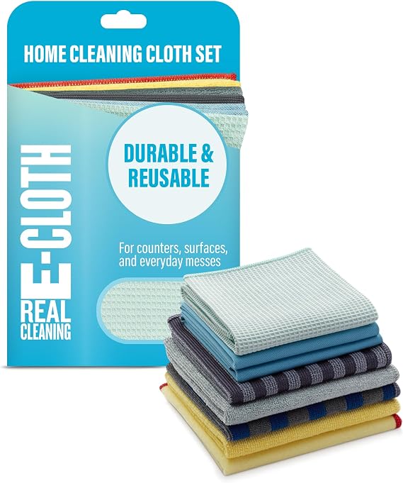 E-Cloth Home Cleaning Set with Microfiber Cleaning Cloths for Cars, Bathroom, Kitchen, More - Microfiber Towels That Clean with No Added Chemicals - 8 Specialized Cloths in Assorted Colors