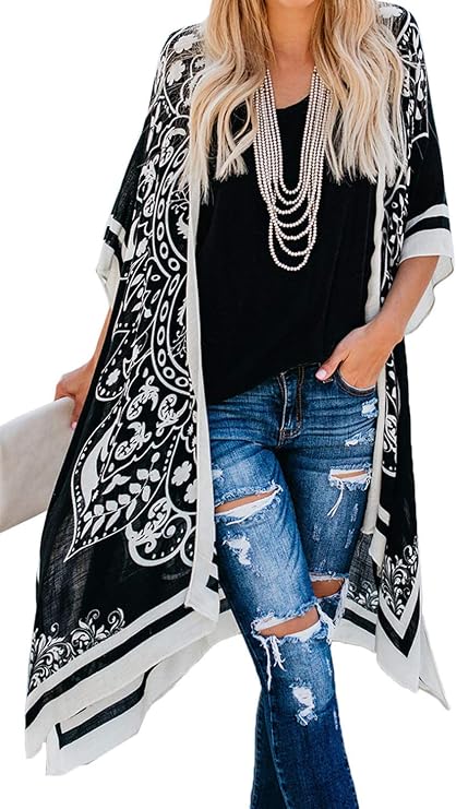 Women's Kimono Swimsuit Coverups Summer Beach Loose Cardigans for Swimwear | CHICGAL Casual Open Front Chiffon Cover Up, 3/4 Sleeve Lightweight Vacations Outfits 2026, Long Summer Resort Wear