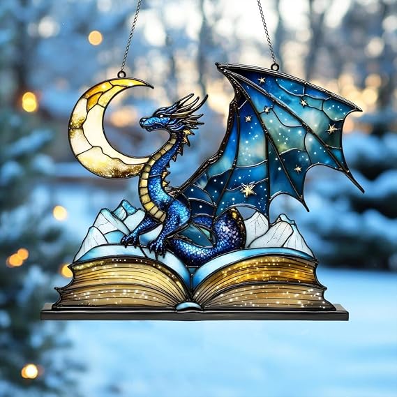 Blue Fantasy Dragon Acrylic Suncatcher Window Hanging Faux Stained Glass Home Decor Book Lover Gift
