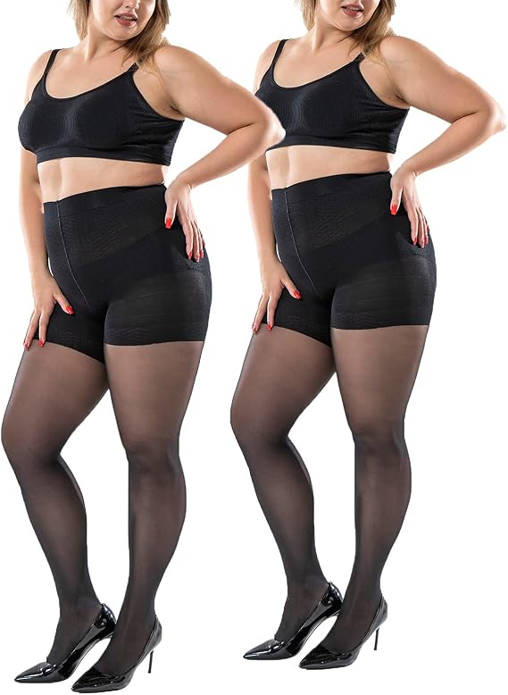 Plus Size Control Top Tights, 2 Pack 40D Queen Size Support Nylon Hosiery Pantyhose, for Women