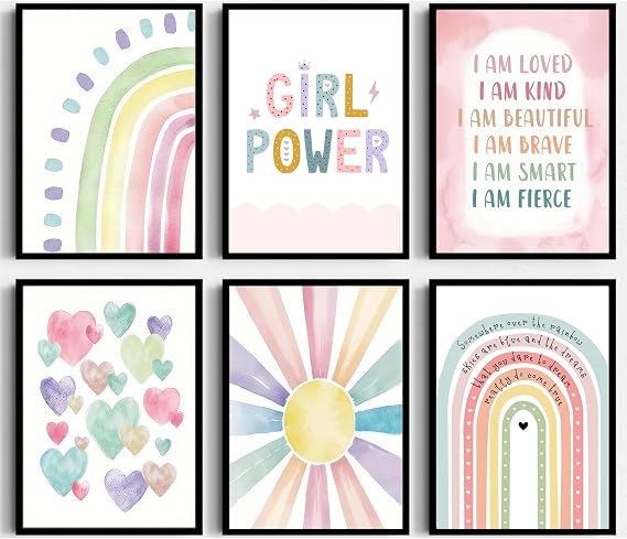 YOXORDQ Pink Boho Sun Rainbow Wall Art Set of 6,12x16in Unframed | Girl Power Canvas Prints,Heart Pattern Pictures for Toddler Nursery Girl Kids Room Self-affirmation Wall Decor