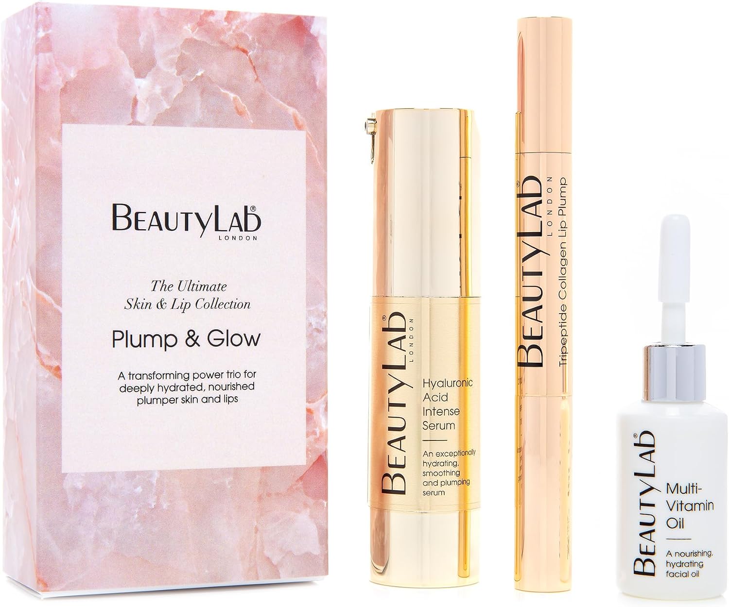 BEAUTYLAB Plump & Glow Skin & Lip Gift Set, Ultimate Skincare Collection, Hyaluronic Acid Intense Serum, Tripeptide Collagen Lip Plump, Multi-Vitamin Oil, Luxurious Gift Set for Women