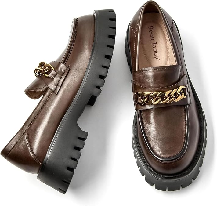 BEAU TODAY Chunky Loafers for Women,Womens Platform Loafer Shoes,Chunky Heel Lug Sole Slip-on Metal Chain Shoes,Comfort Round Toe Business Work Office Shoes