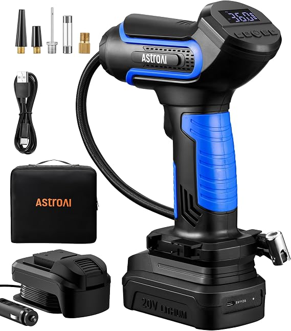AstroAI Tire Inflator Air Compressor Cordless with 20V Rechargeable Li-ion Battery 150 PSI Portable Handheld Air Pump with 12 V Car Power Adapter for Cars Motorcycles LS40791(C1) Blue