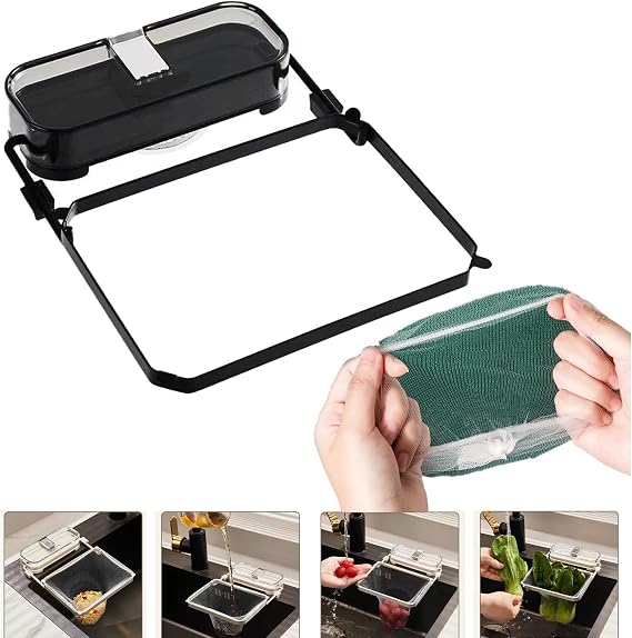 Kitchen Sink Filter, Residue Filter with 50 Filter Mesh Bags, Suction Cup Kitchen Sink Filter Rack, Versatile Space Saving Foldable Drain Rack. (Black)