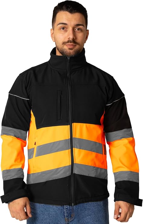 Hi Vis Softshell Jacket Men High Visibility Viz Reflective Water Resistant Shower Proof Rain Repellent Windproof Safety Site Coat Work Wear Builder Soft Shell Workwear Warm Top