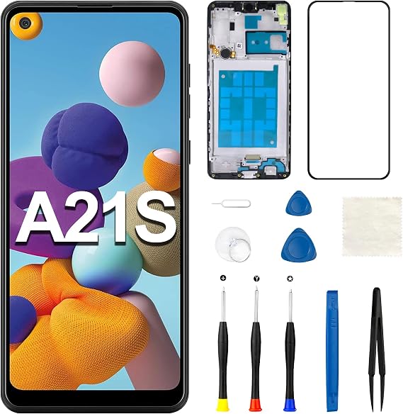 for Samsung Galaxy A21s Screen Replacement with Frame Ear Speaker | Side Volume Button Vibration Motor Touch Front Display Incell LCD Digitizer with Repair Kits SM-A217F SM-A217M 2020 6.5 inch