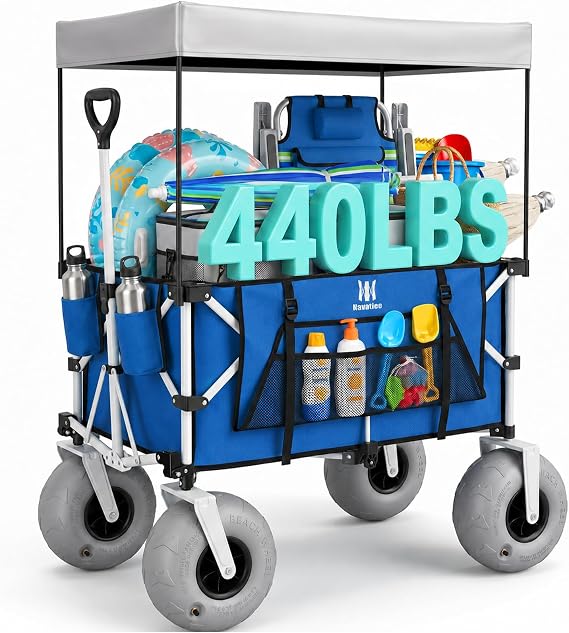 Navatiee Beach Wagon with Big Balloon Wheels for Sand, 200L Extra Large Beach Cart with Canopy, 440Lbs Heavy Duty Folding Wagon Collapsible with 9" Tires & Side Pocket for Beach, Outdoor, Blue