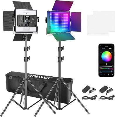 Neewer 2 Packs 650 RGB LED Video Light with App Control Stand Kit, 360 Full Color, 45W Bi-Color 3200K~5600K Video Lighting CRI 97, 9 Scene Effect for GamingStreamingZoomYouTubeWebexPhotography