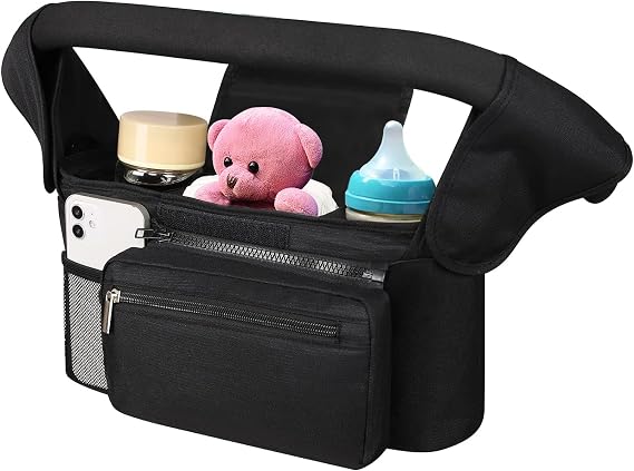 Hranio Pram Bag Organiser with Cup Holder for Pram Accessories, Pushchair Organiser, Baby Essentials, Large Capacity, Shoulder Strap & Non-Slip Secure Hooks, 3 Insulated Cup Holder