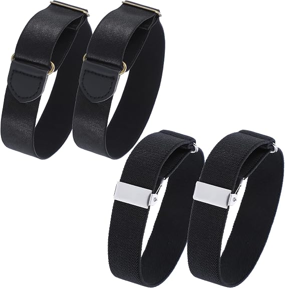 LLOUSSAK 4Pcs Sleeve Garters for Men, Adjustable Arm Band, Shirt Sleeve Holders, Elastic Arm Belt, Anti-Slip Shirt Arm Bands Mens' Sleeve Garters for Shirt 1920s Men Accessories (Gold Silver)