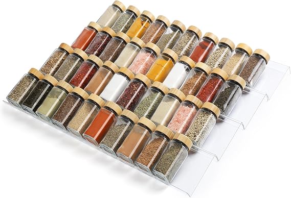 Suneerplay Spice Drawer Organizer, 8 Tiers Acrylic Condiment Organizer Rack, Clear Spice Rack Tray, Kitchen Condiment Jars Drawer Inserts Jars Not Included / Expandable from 9" to 18"