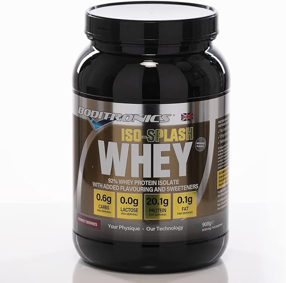 Boditronics 908g Iso Splash Whey Protein for 100% Isolate Whey Protein Take Post Workout Protein Shake with Zero Sugar Zero Fat (Forest Berries)