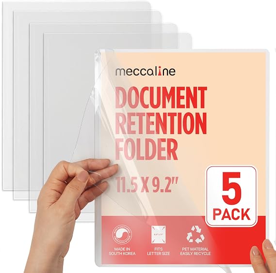 Clear Plastic File Folders for Document, Presentation, Project, or Portfolio Filing, Large Thick Heavy-Duty PET Sleeves for U.S. Letter Size Papers, 5-Pack