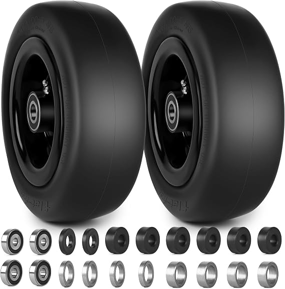 11x4.00-5 Flat Free Lawn Mower Tires and Wheels 3/4" 5/8" 1/2" Ball Bearings, 3.25"-5.5" Centered Hub 11x4-5 Zero Turn Mower Front Tires, Smooth Wheels for Commercial Grade Lawn