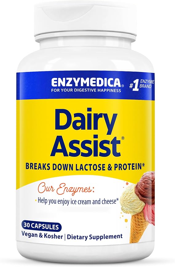Enzymedica DairyAssist, with Lactase and Protease, Digestive Enzymes for Dairy, 5000 ALU Lactase per Capsule, Helps Break Down Lactose, 30 Vegan Capsules, High Dose, Gluten Free, SOYA Free, Non-GMO
