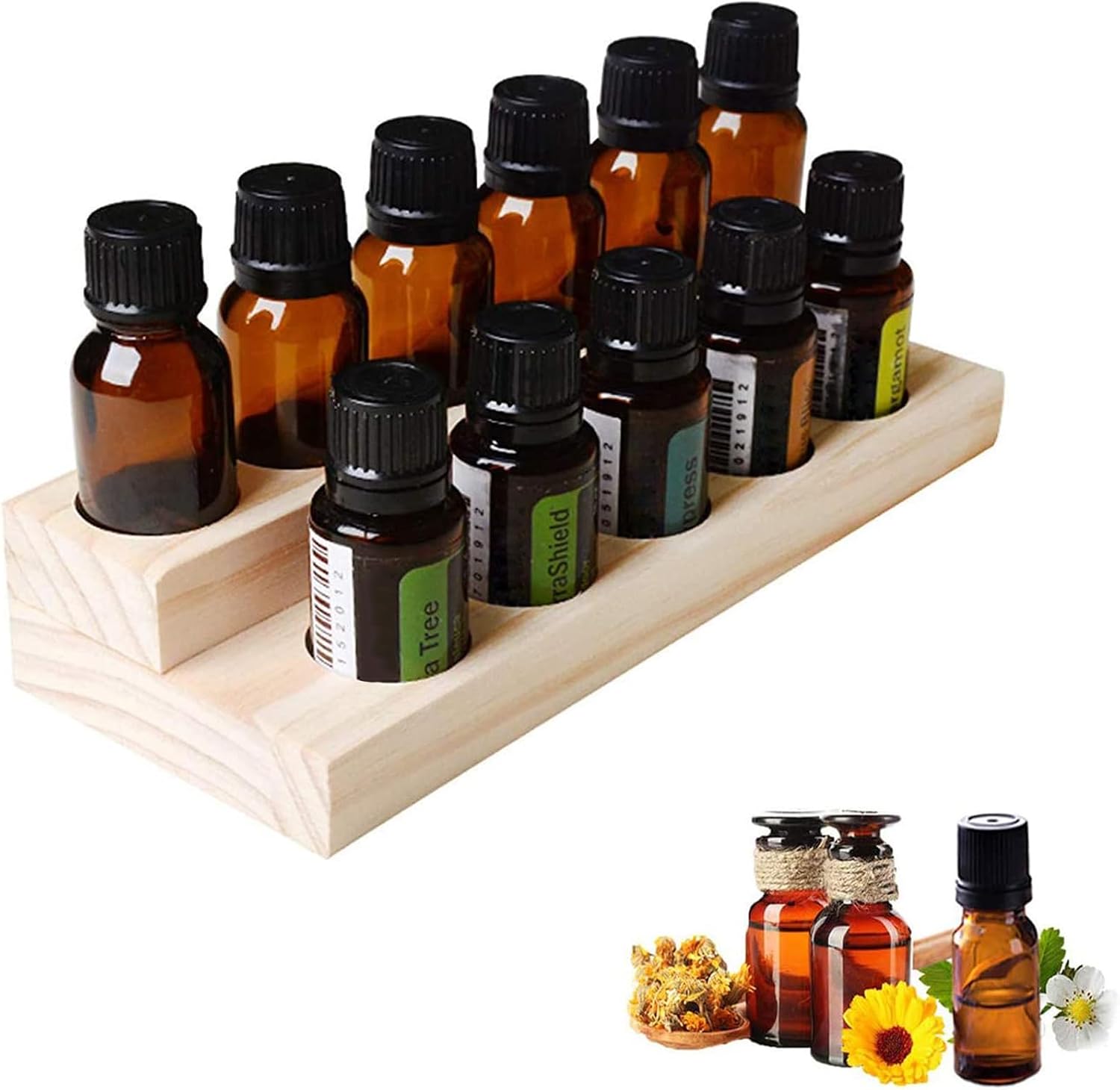 RoseFlower 11 Slots Wooden Essential Oil Organizer, Nail Polish Shelf, Durable wood Makeup Display Stand, Makeup Storage Rack for Tabletop Essential Oils Perfume Rack for 5101520ml Bottles