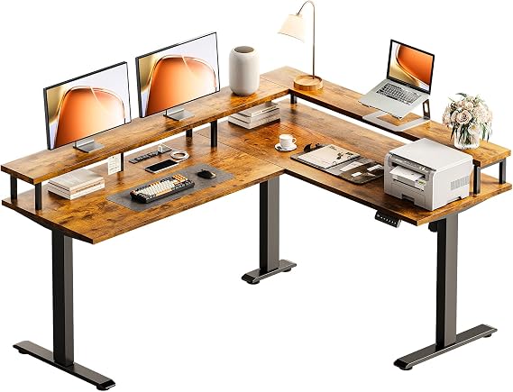 AODK Electric L Shaped Standing Desk, 59 Inch Height Adjustable Stand Up Desk with Power Outlets & Full Monitor Stand, Reversible Corner Desk for Home Office & Computer Workstation, Rustic Brown