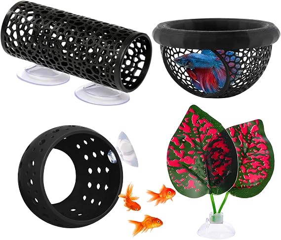 4PCS Betta Fish Accessories, Aquarium Decorations Set, Black Betta Fish Tunnel Set Cylinder Shape, Round Shape, Dome Shape, Plant Style, Observing Shy Fish Behavior, Encouraging Natural Breeding Cycle