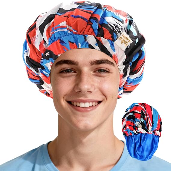 Years calm Shower Cap for Men Waterproof Reusable - Fashion Dual-Layer Design, Adjustable Elastic Band for Long & Curly Hair, XL Bath & Spa Cap for Travel, Satin Lined Shower Cap