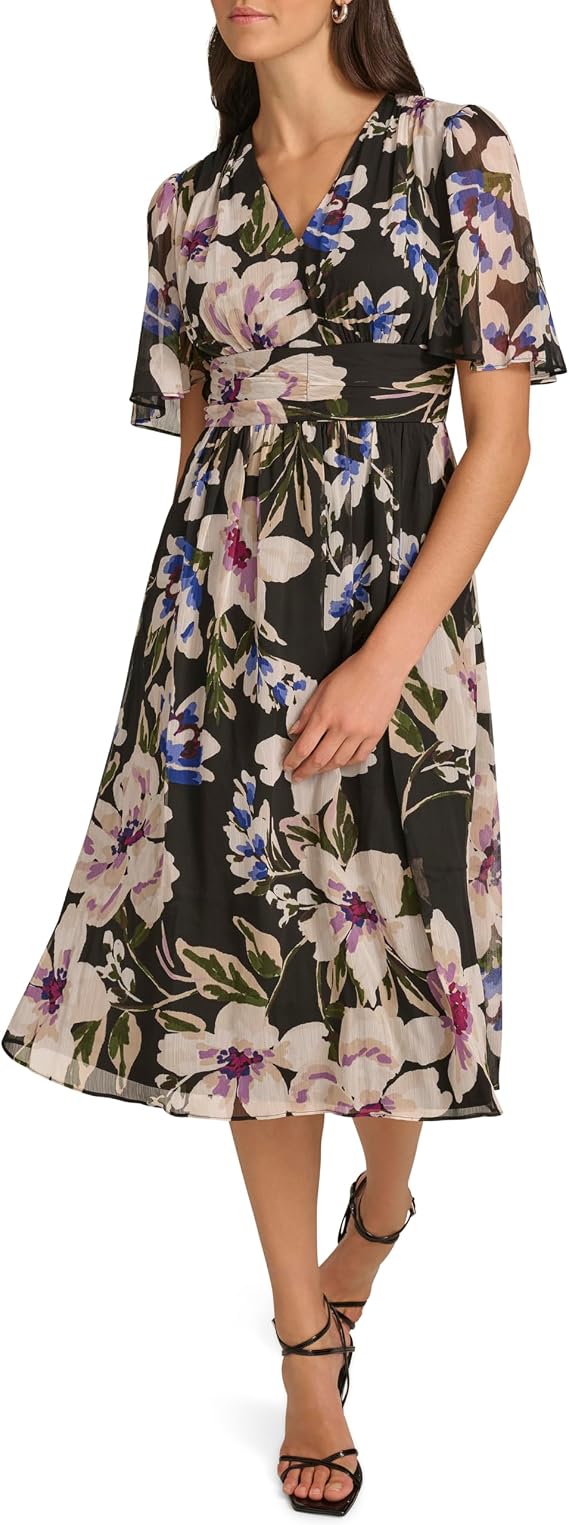 Calvin Klein Women's Short Flutter Sleeve V-Neck A-line Midi Dress