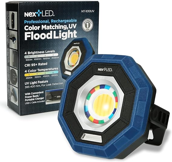 NextLED NT-1010UV Rechargeable Car Detailing Light/LED Work Light, CRI 95, 4 Color Temps, UV Light, 2000 Lumen, IP-65, Magnetic LED Mechanics Work Light, Paint Color Match Light, Gift for Mechanic