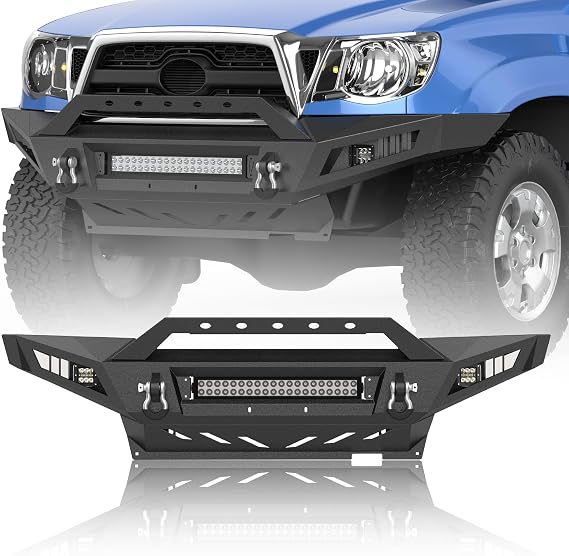 Full Width Tacoma Front Bumper for 2005-2015 Toyota Tacoma 2nd Gen Pickup Trucks Heavy Duty Rock Crawler Bumper with120W LED Light Bar, 2 x 39W LED Lights, and 2 x D-Rings